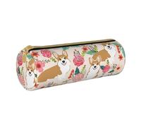 JBYJBX Corgi Floral Flowers Spring Garden Print Leather Pencil Case Pouch - Slim & Cute Pencil Cases For Adults, Men And Women