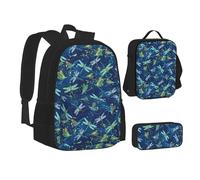 JBYJBX Dragonfly Print Bookbag Lunch Bag Pencil Case 3 In 1 Backpacks Set Backpack, Black, One Size, Black, One Size