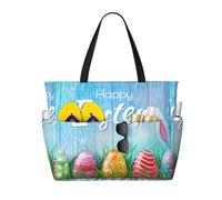 JBYJBX Easter Egg Bunny Grass Wooden Print Beach Tote Large Capacity Travel Bag Waterproof Sandproof And Lightweight