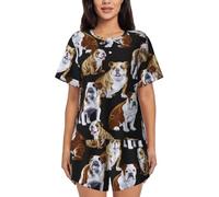 JBYJBX English Bulldogs Women's Pajamas Set, Cotton Short Sleeve Sleepwear Top Shorts Pjs Sets Soft Loungewear, Black, Medium