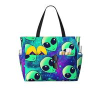 JBYJBX Green Aliens Print Beach Tote Large Capacity Travel Bag Waterproof Sandproof And Lightweight