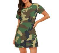 JBYJBX Green Military Camo Print Women'S Nightgowns Breathable Sleep Short Sleeve Nightdress Knee-Length Pajama Dress, Black, XL