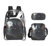 JBYJBX Halloween Horror Print Unisex Transparent Backpack Set For School Travel Outdoor 3-Piece Clear Lunch Bag