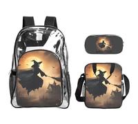 JBYJBX Halloween Witch Flying 2 Print Unisex Transparent Backpack Set For School Travel Outdoor 3-Piece Clear Lunch Bag