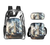 JBYJBX Historic Old Tower Bridge London Print Unisex Transparent Backpack Set For School Travel Outdoor 3-Piece Clear Lunch Bag