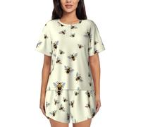 JBYJBX honey bee Women's Pajamas Set, Cotton Short Sleeve Sleepwear Top Shorts Pjs Sets Soft Loungewear, Black, S