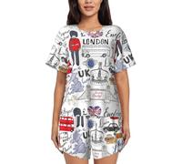 JBYJBX I Love London Women's Pajamas Set, Cotton Short Sleeve Sleepwear Top Shorts Pjs Sets Soft Loungewear, Black, S