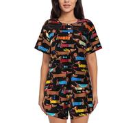 JBYJBX I Love My Dog Dachshunds Women's Pajamas Set, Cotton Short Sleeve Sleepwear Top Shorts Pjs Sets Soft Loungewear, Black, S