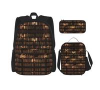 JBYJBX Library Bookshelf Book Print School Backpack Adjustable Shoulder Straps,Lunch Bag Pencil Case 3-In-1 Set Bag, Black, One Size