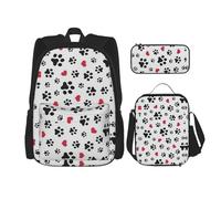 JBYJBX Love Cat Paw Heart Puppy Foot Print Print School Backpack Adjustable Shoulder Straps,Lunch Bag Pencil Case 3-In-1 Set Bag, Black, One Size