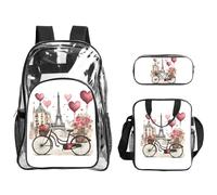 JBYJBX Love Paris Tower Coffee Wine Perfume Bicycle Heart Print Unisex Transparent Backpack Set For School Travel Outdoor 3-Piece Clear Lunch Bag