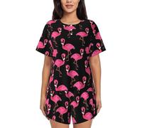 JBYJBX Lovely Red Flamingos Women's Pajamas Set, Cotton Short Sleeve Sleepwear Top Shorts Pjs Sets Soft Loungewear, Black, XXL