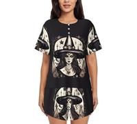 JBYJBX Magic Witch Witchcraft Bohemian Printed Womens Pajama Set Womens Short Sleeve Shirt Pjs Soft Silky Loungewear S-4xl, Black, XXL
