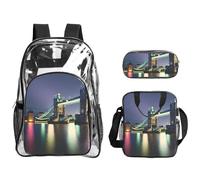 JBYJBX Night London Tower Bridge Print Unisex Transparent Backpack Set For School Travel Outdoor 3-Piece Clear Lunch Bag