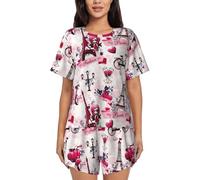 JBYJBX Paris Eiffel Tower France Women's Pajamas Set, Cotton Short Sleeve Sleepwear Top Shorts Pjs Sets Soft Loungewear, Black, XL