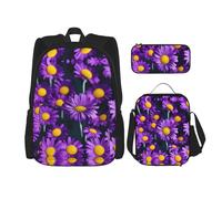 JBYJBX Purple Daisy Flower Print School Backpack Adjustable Shoulder Straps,Lunch Bag Pencil Case 3-In-1 Set Bag, Black, One Size