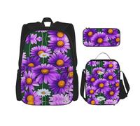 JBYJBX Purple Daisy Print School Backpack Adjustable Shoulder Straps,Lunch Bag Pencil Case 3-In-1 Set Bag, Black, One Size
