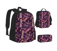 JBYJBX Purple Dragonfly Print Bookbag Lunch Bag Pencil Case 3 In 1 Backpacks Set Backpack, Black, One Size