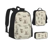 JBYJBX Rabbit Background Print Bookbag Lunch Bag Pencil Case 3 In 1 Backpacks Set Backpack, Black, One Size, Black, One Size