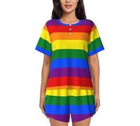 JBYJBX Rainbow Women's Pajamas Set, Cotton Short Sleeve Sleepwear Top Shorts Pjs Sets Soft Loungewear, Black, Large