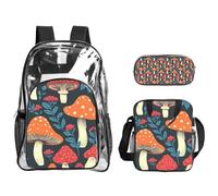 JBYJBX Red And White Mushroom Print Unisex Transparent Backpack Set For School Travel Outdoor 3-Piece Clear Lunch Bag