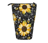 JBYJBX Sunflower Bees Print Pencil Case Multipurpose Telescopic Pencil Case Organizer, Stationery Storage Bag, Black, One Size