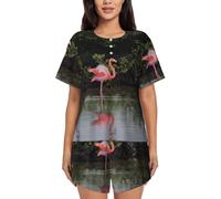 JBYJBX Two flamingos Women's Pajamas Set, Cotton Short Sleeve Sleepwear Top Shorts Pjs Sets Soft Loungewear, Black, Medium