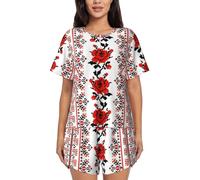 JBYJBX Ukrainian Embroidery Style Rose Women's Pajamas Set, Cotton Short Sleeve Sleepwear Top Shorts Pjs Sets Soft Loungewear, Black, Large