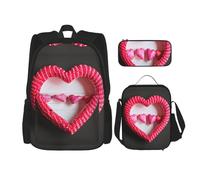 JBYJBX Valentine'S Day Love Heart Print School Backpack Adjustable Shoulder Straps,Lunch Bag Pencil Case 3-In-1 Set Bag, Black, One Size