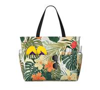 JBYJBX Vegetation Leaves With Hibiscus Flowers Print Beach Tote Large Capacity Travel Bag Waterproof Sandproof And Lightweight