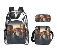 JBYJBX Venice Night Print Unisex Transparent Backpack Set For School Travel Outdoor 3-Piece Clear Lunch Bag
