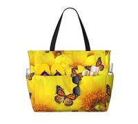 JBYJBX Yellow Flowers Butterflies Print Beach Tote Large Capacity Travel Bag Waterproof Sandproof And Lightweight