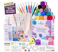 JC CRAFT Beginner Crochet Kit - 81 Piece Starter Set with 15 Colorful Yarns, Ergonomic Hooks, Complete Supplies, White Tote Bag, Accessories Case, Guide Book & Online Video Lessons