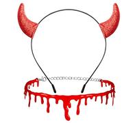 Jc.upin 2 Pack Halloween Red Devil Headband with Dripping Blood Necklace Set - Red Demon Hair Hoop Vampire Costume Accessories for Cosplay Fancy Dress Party