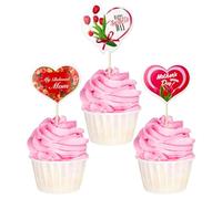 Jc.upin 24 Pcs Pink Flower Cupcake Toppers with Love Heart for Mother's Day Cake Decorations