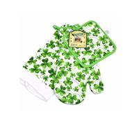 JC Walsh and Sons Set of 3 Green Tea Towel Oven Glove Pot Holder Shamrock Ireland Suitable for Kitchen Cooking Heat Resistant Baking Grilling Kit Irish Souvenirs Housewarming Gift