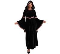 Jcasbdn Medieval Dress for Women, Long Sleeve Vampire Dress, Embroidery Hooded Renaissance Costume Women for Halloween Party Cosplay, M