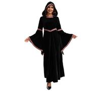 Jcasbdn Medieval Dress for Women, Long Sleeve Vampire Dress, Embroidery Hooded Renaissance Costume Women for Halloween Party Cosplay, L