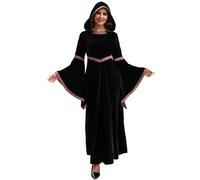 Jcasbdn Medieval Dress for Women, Long Sleeve Vampire Dress, Embroidery Hooded Renaissance Costume Women for Halloween Party Cosplay, L