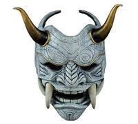 Jcasbdn Oni Mask, Scary Full Face Samurai Mask with Fangs and Ox Horn, 11x9.5 Horror Devil with Elastic Band for Halloween, Masquerade, Cosplay Props