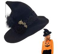 Jcasbdn Witch Hat Felt Wool Witch Hat Adult with Black Rose Knitted Cap for Wizard Costume, Cosplay, Halloween Party and Ghost Festival