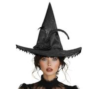 Jcasbdn Witch Hat for Women Lace Wizard Hat with Flower Decor Foldable Black Witch Free Size Crazy for Costume, Cosplay, Halloween Party