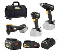 JCB 18V 3-Piece Pro Power Tool Kit, Brushless Combi Drill 75Nm, Impact Driver 230Nm, Multi Tool, 2Ah & 5Ah Batteries, Fast Charger, Tool Bag, 3 Year Warranty