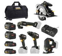 JCB 18V 5-Piece Pro Power Tool Kit, Brushless Drill 160Nm, Impact Driver 230Nm, Saw, Grinder, Jigsaw, Batteries & Charger, 3 Year Warranty