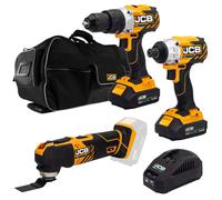 JCB 18V Brushless Cordless Combi Drill, Impact Driver & Multi Tool, 2X 2.0Ah Battery, Fast Charger, 26" Wheeled Tool Bag, 3 Year Warranty