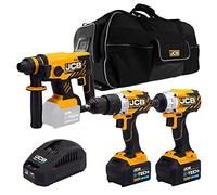 JCB 18V Brushless Cordless Combi Drill, Impact Driver & SDS Rotary Hammer Drill, 2X 5.0Ah Battery, Fast Charger, Variable Speed & LED Light, Belt Clip, 20+3 Position, Power Tool Case, 3 Year Warranty