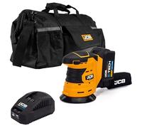 JCB 18V Cordless Orbital Sander, 4.0Ah Battery, Fast Charger, 125mm Diameter Sanding Pad, Hook and Loop Fastening, Rubber Grip Over Mould & Dust Collector, 20" Power Tool Kit Bag, 3 Year Warranty
