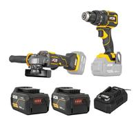 JCB Pro 18V 2-Piece Kit, 75Nm Combi Drill, 115mm Angle Grinder, 2X 5Ah Batteries, 4.5A Fast Charger & Tool Bag | JCB-18PKIT-4