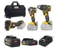 JCB Pro 18V 3-Piece Kit, 75Nm Combi Drill, 230Nm Impact Driver, Multi Tool, 2Ah & 5Ah Batteries, 4.5A Fast Charger & Tool Bag | JCB-18PKIT-6