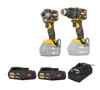 JCB Pro 18V Brushless Twin Pack - Combi Drill (75Nm) & Impact Driver (230Nm) - Includes 2X 5.0Ah High Capacity Batteries, 4.5A Fast Charger & Hard Case - Cordless Power Tool Set - 3 Year Warranty